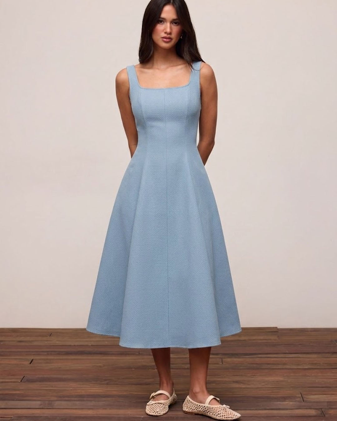 Square Neck Fit and Flare Midi Dress in Baby Blue