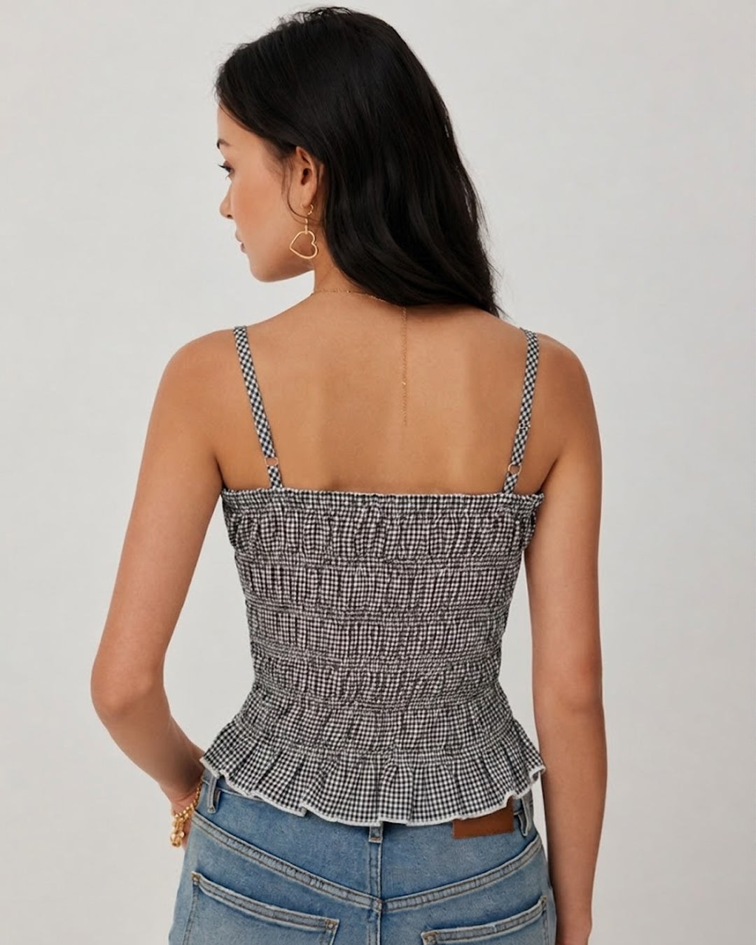 Ruffle Trim Shirred Cami Top in Classic Black and Classic White
