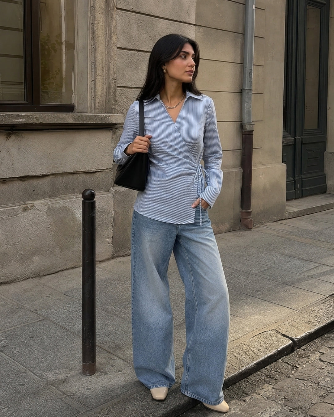 Collared Wrap Striped Tie Front Top in Baby Blue