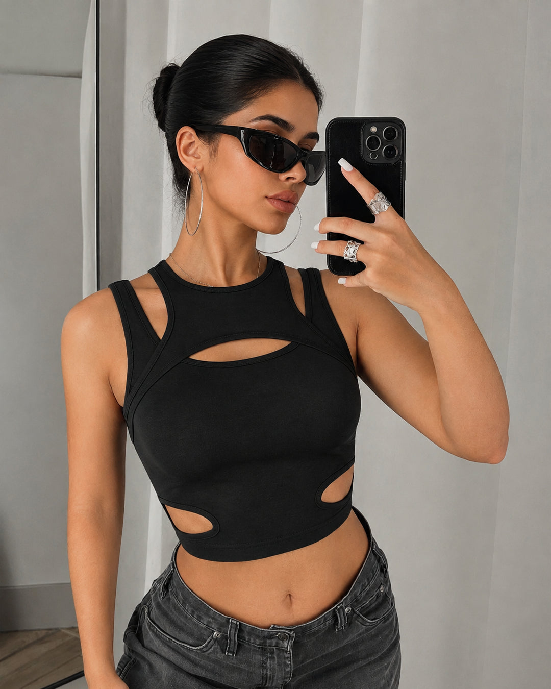 Cut Out Sleeveless Crop Top in Classic Black