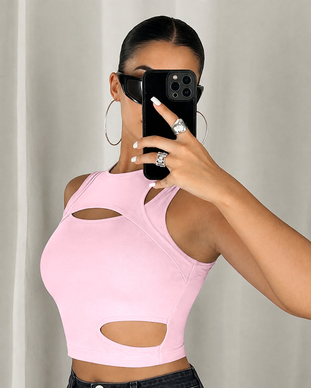 Cut Out Sleeveless Crop Top in Baby Pink