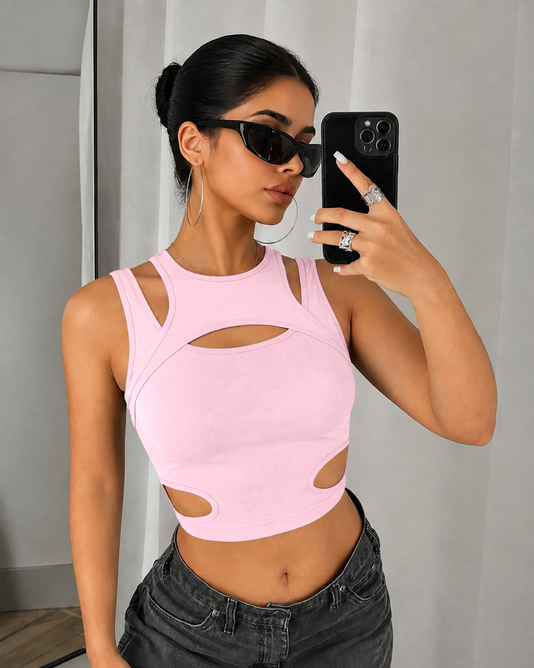 Cut Out Sleeveless Crop Top in Baby Pink