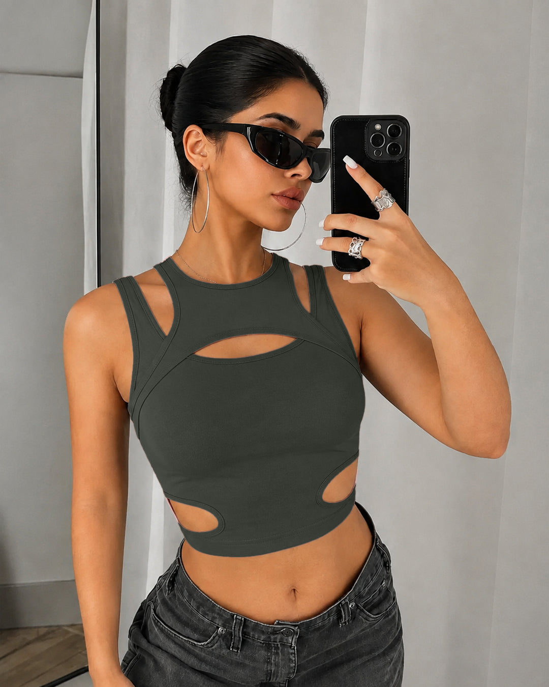Cut Out Sleeveless Crop Top in Dark Grey