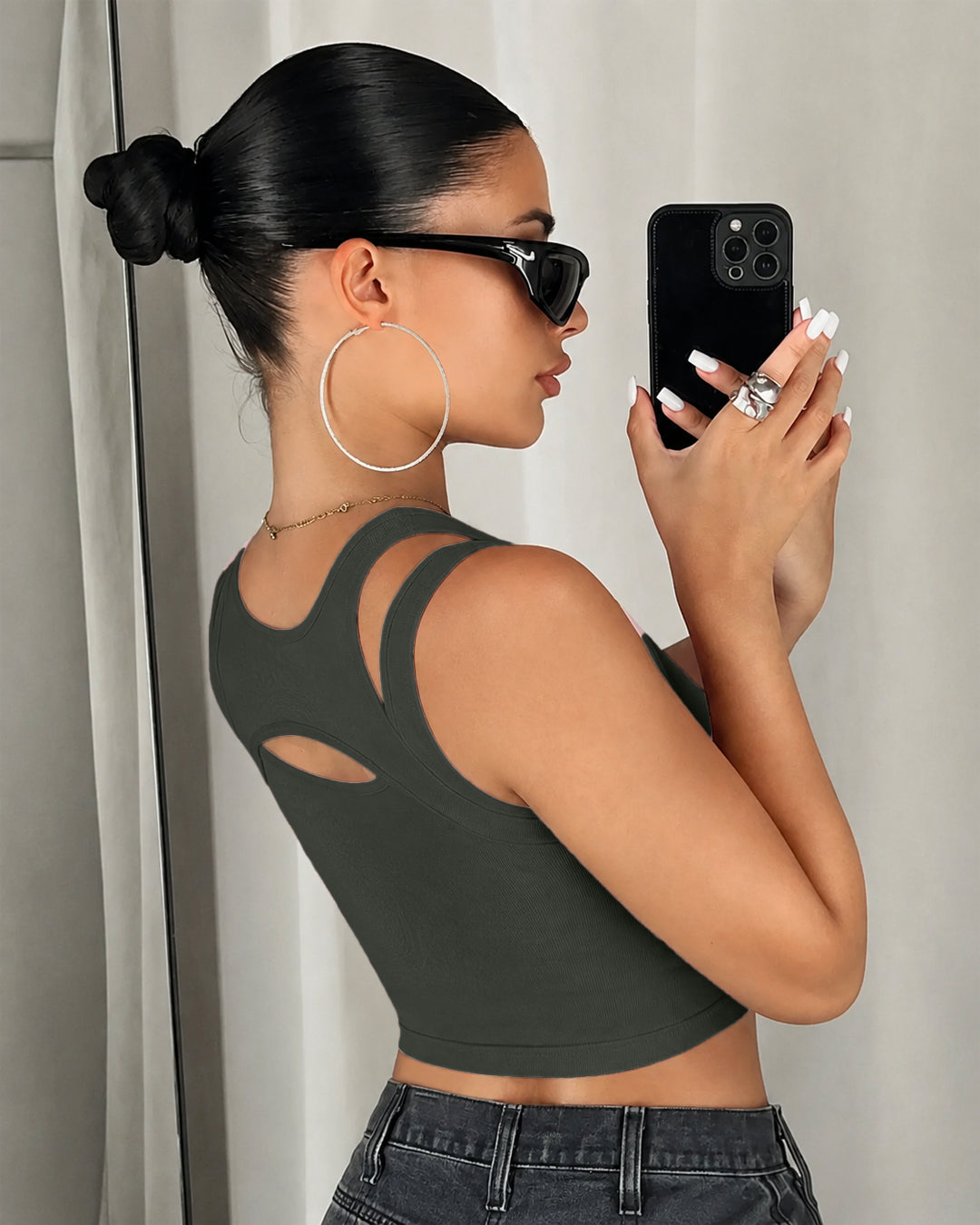 Cut Out Sleeveless Crop Top in Dark Grey