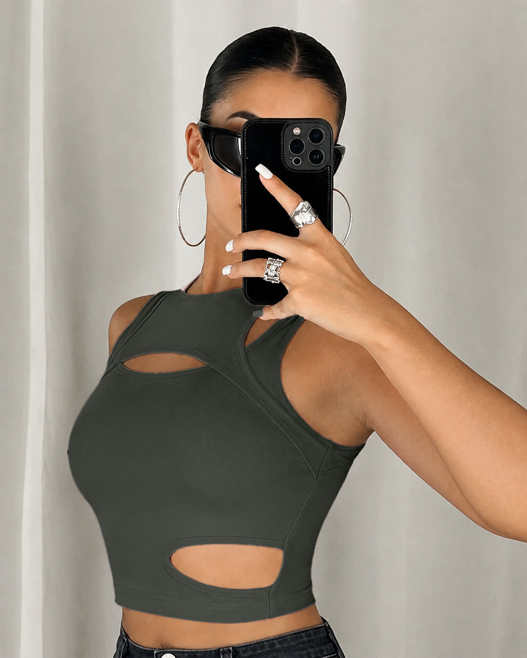 Cut Out Sleeveless Crop Top in Dark Grey
