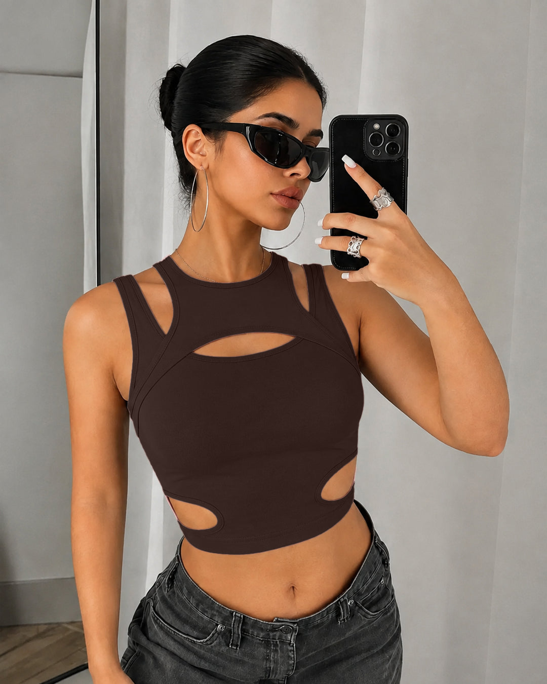 Cut Out Sleeveless Crop Top in Cocoa Brown