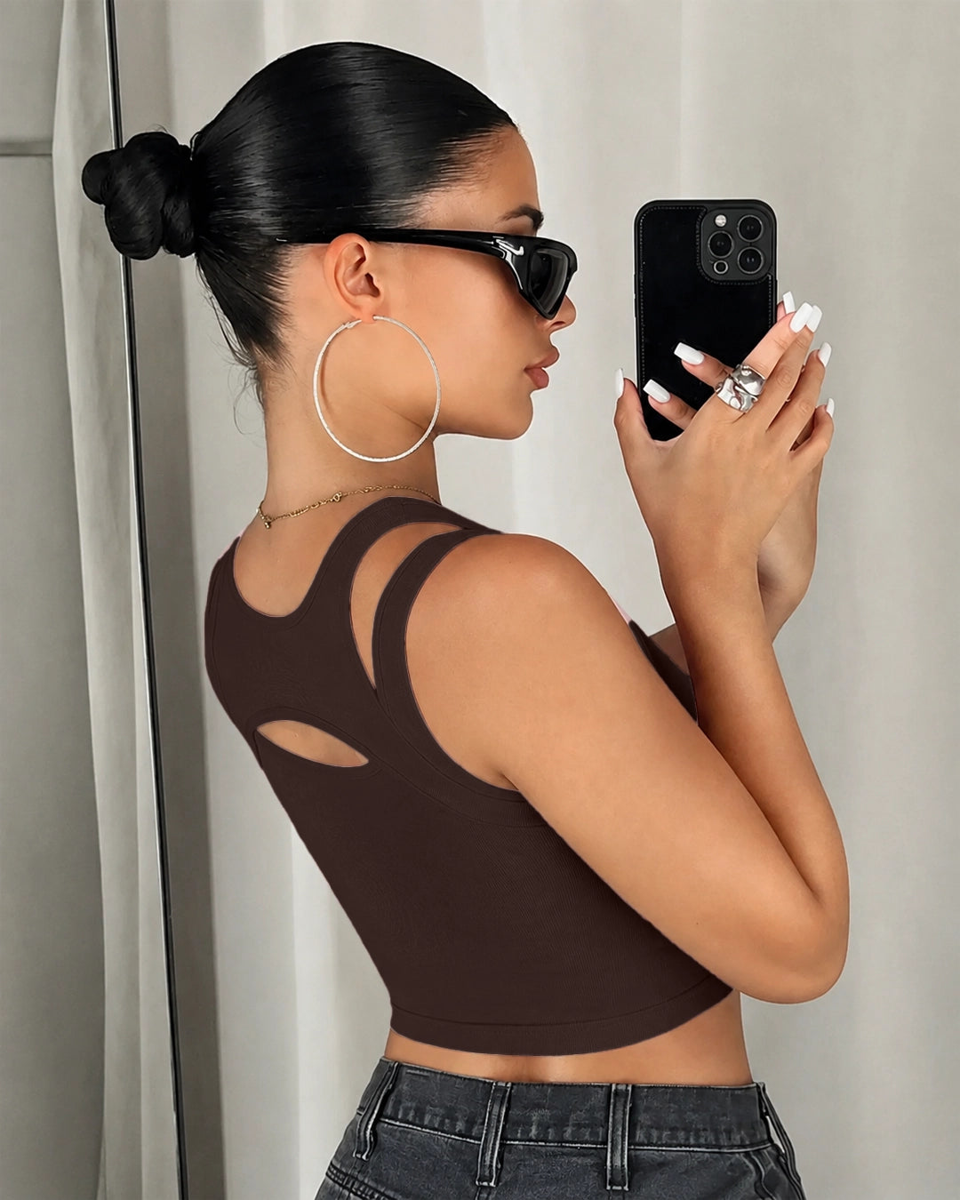 Cut Out Sleeveless Crop Top in Cocoa Brown