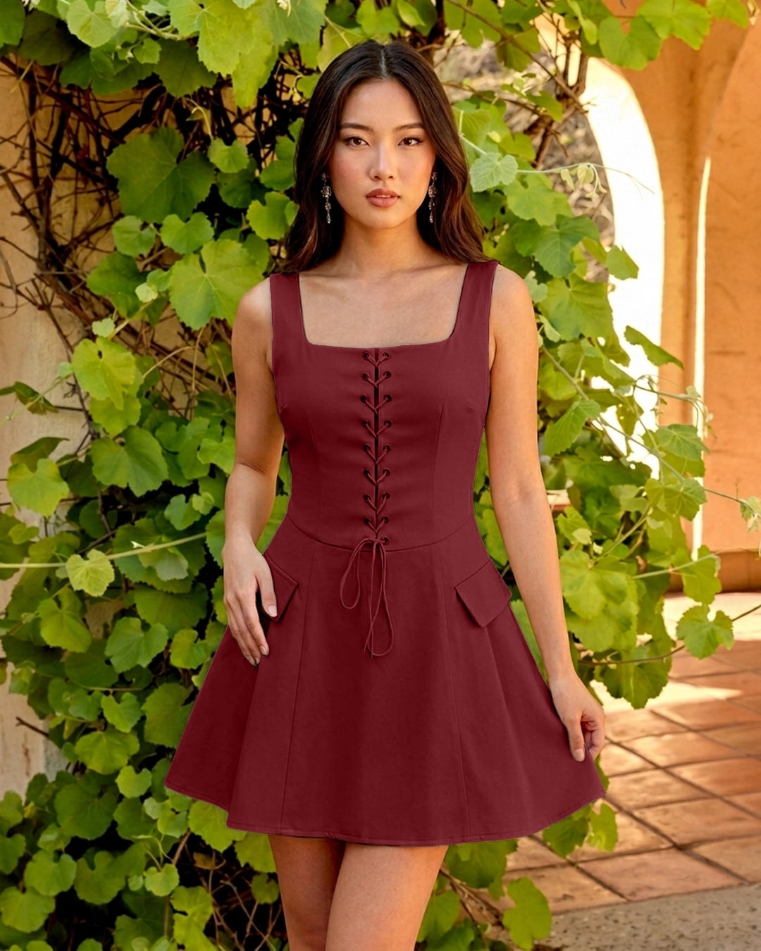 Corset Detail Fit and Flare Mini Dress in Burgundy