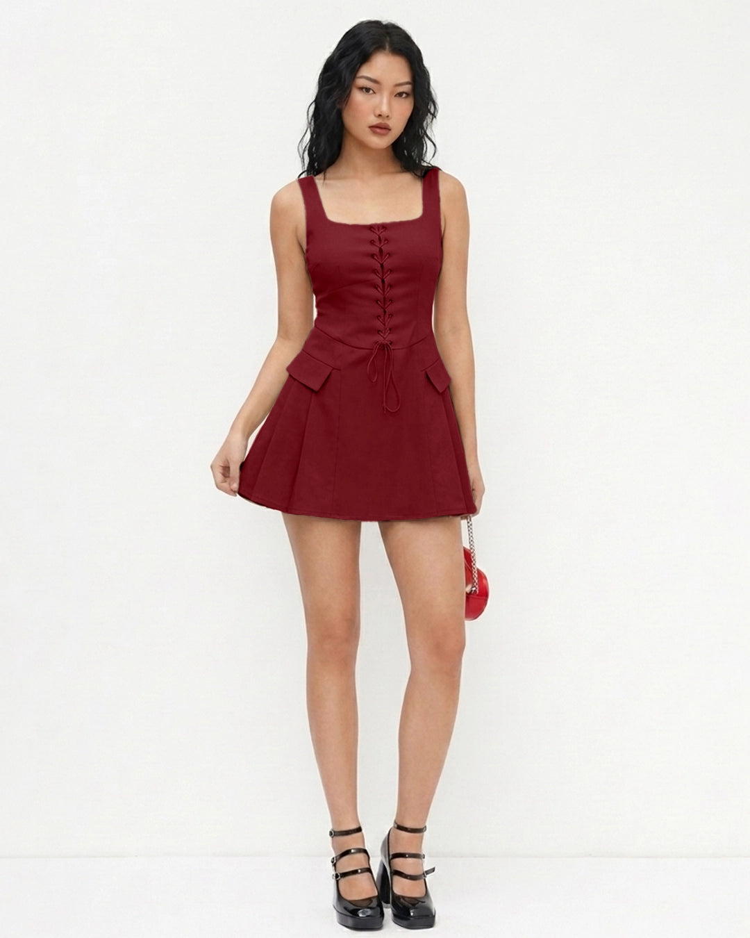 Corset Detail Fit and Flare Mini Dress in Burgundy