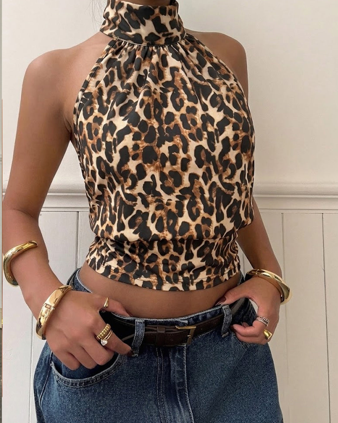 Animal Print Halter Neck Top in Tan Brown