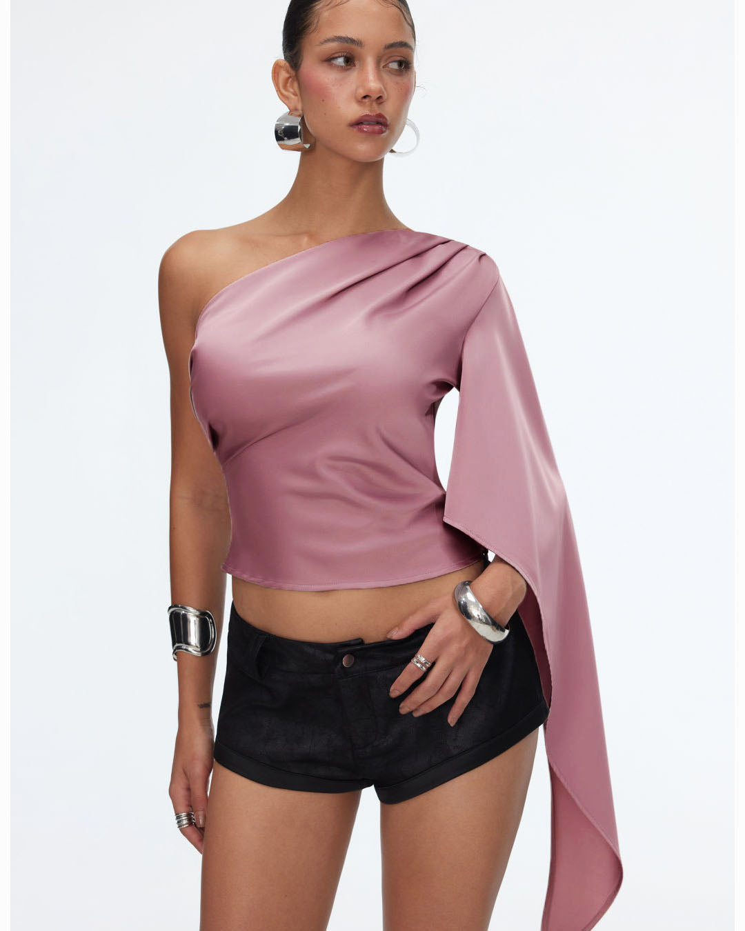 One Shoulder Drape Sleeve Top in Dusty Pink