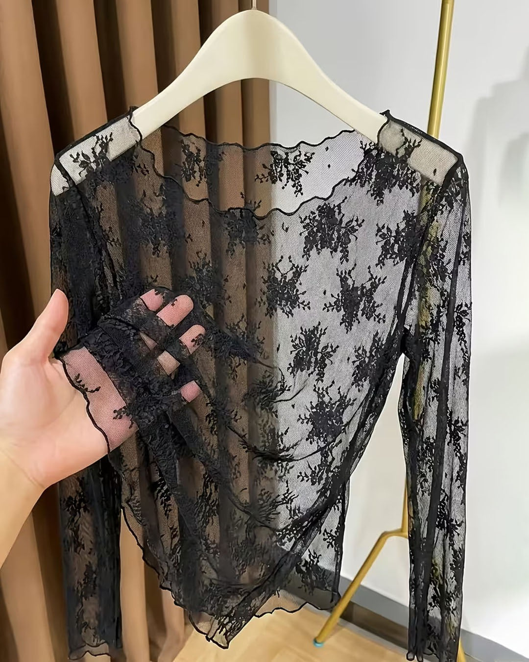 Sheer Round Neck Long Sleeve Top in Classic Black