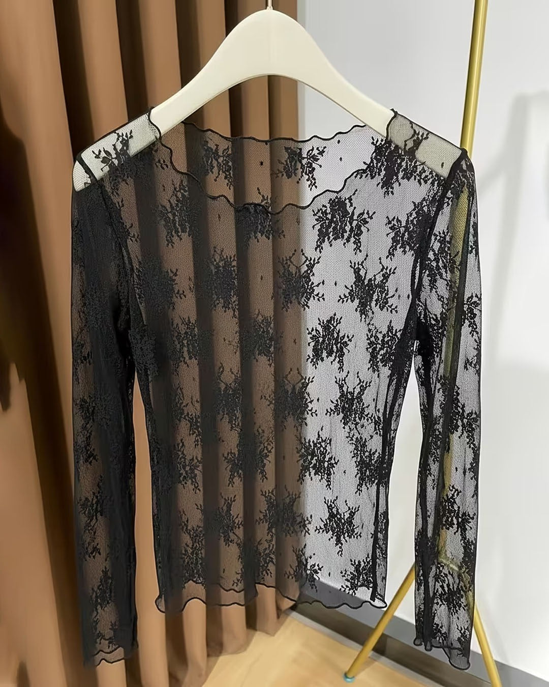 Sheer Round Neck Long Sleeve Top in Classic Black