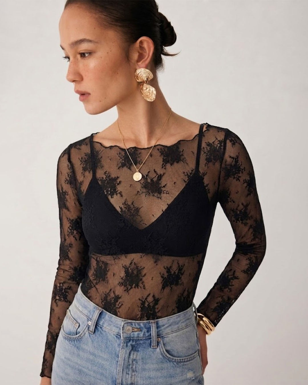 Sheer Round Neck Long Sleeve Top in Classic Black