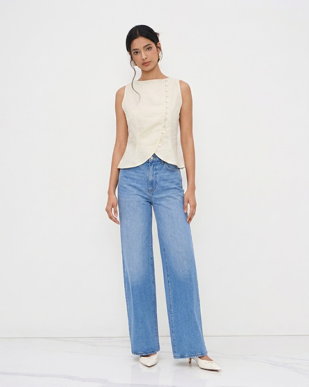 Asymmetric Button Vest Top in Pearl White