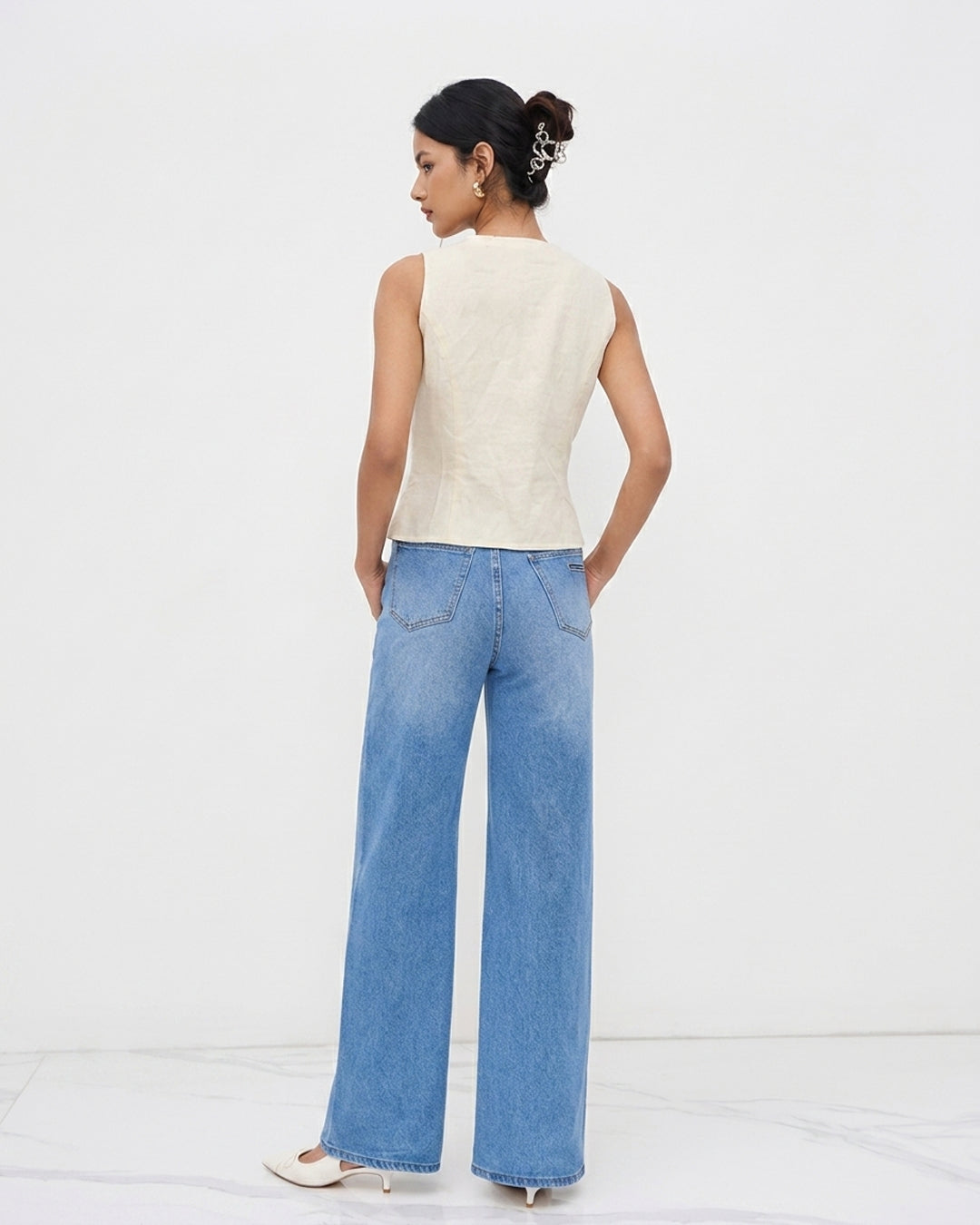 Asymmetric Button Vest Top in Pearl White