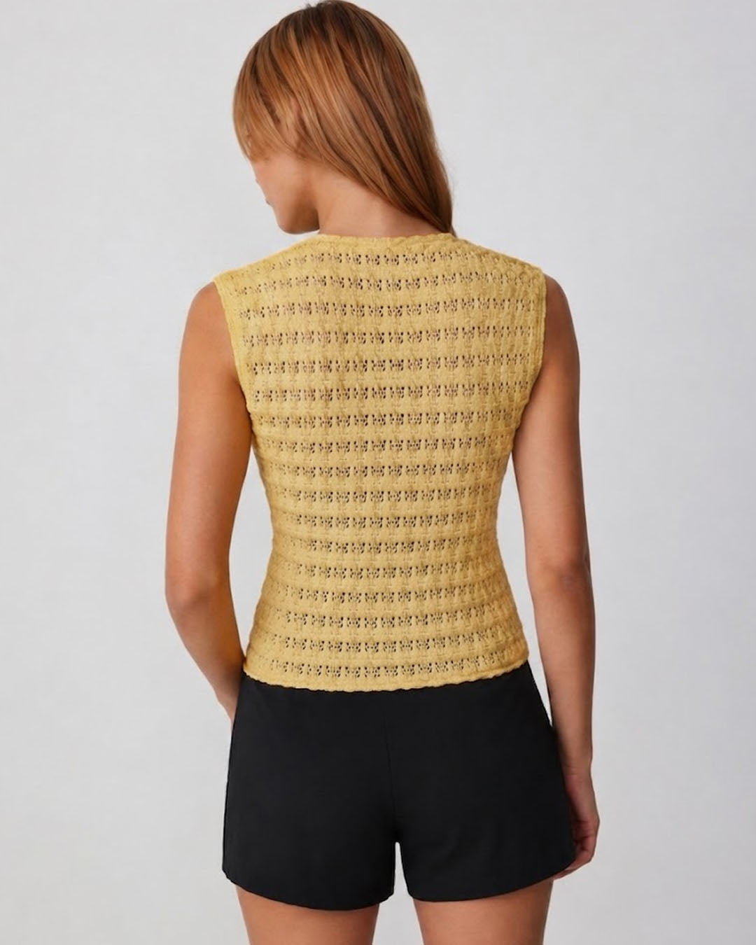 Textured Button Front Sleeveless Top in Mustard Yellow