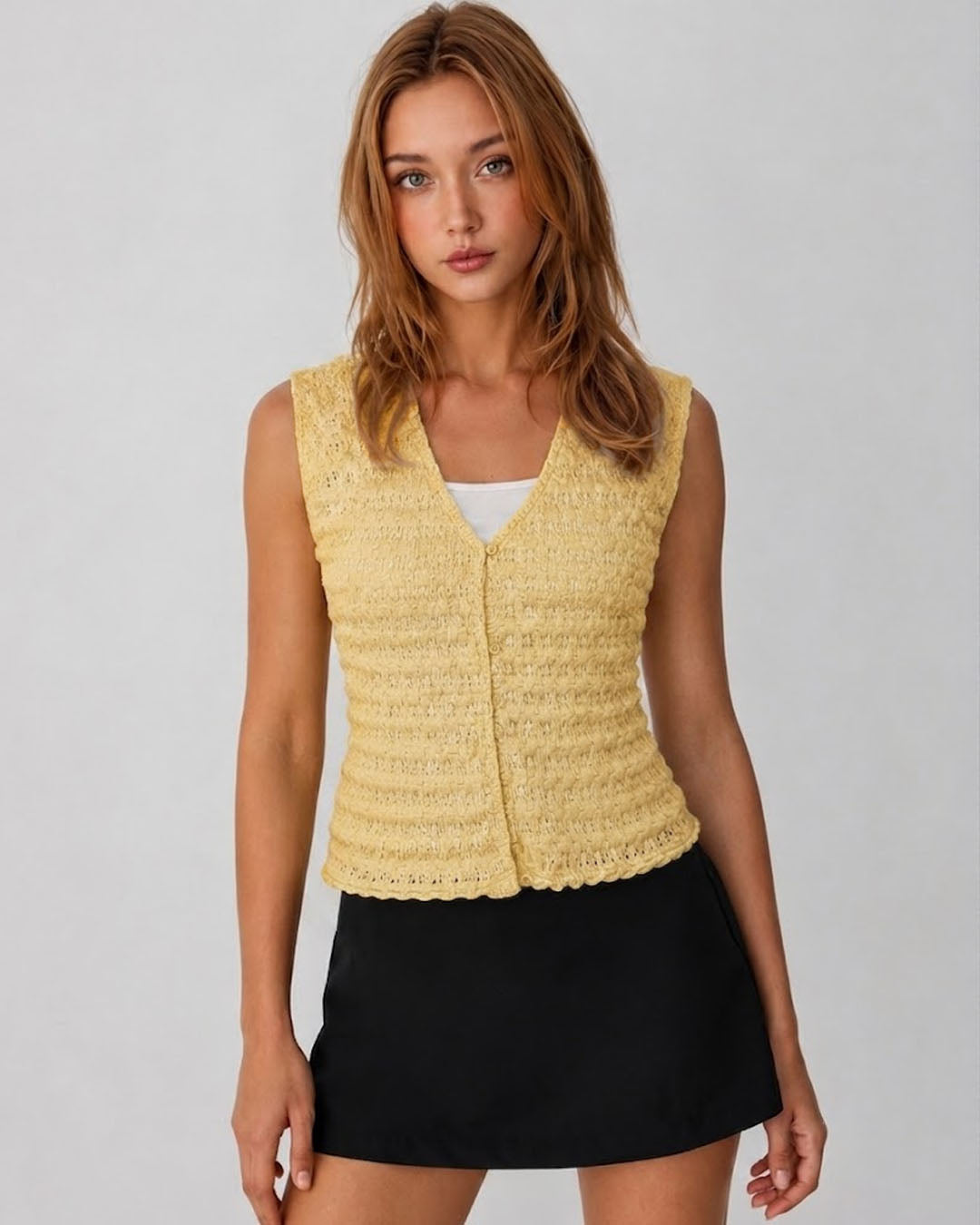 Textured Button Front Sleeveless Top in Mustard Yellow