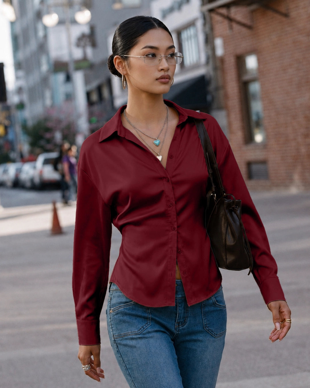 Button Down Collared Shirt in Burgundy