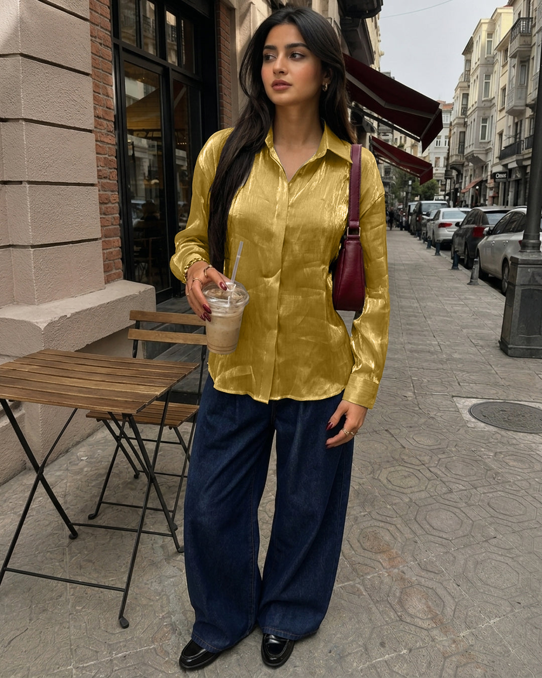 Sheer Crinkle Button Front Shirt in Gold