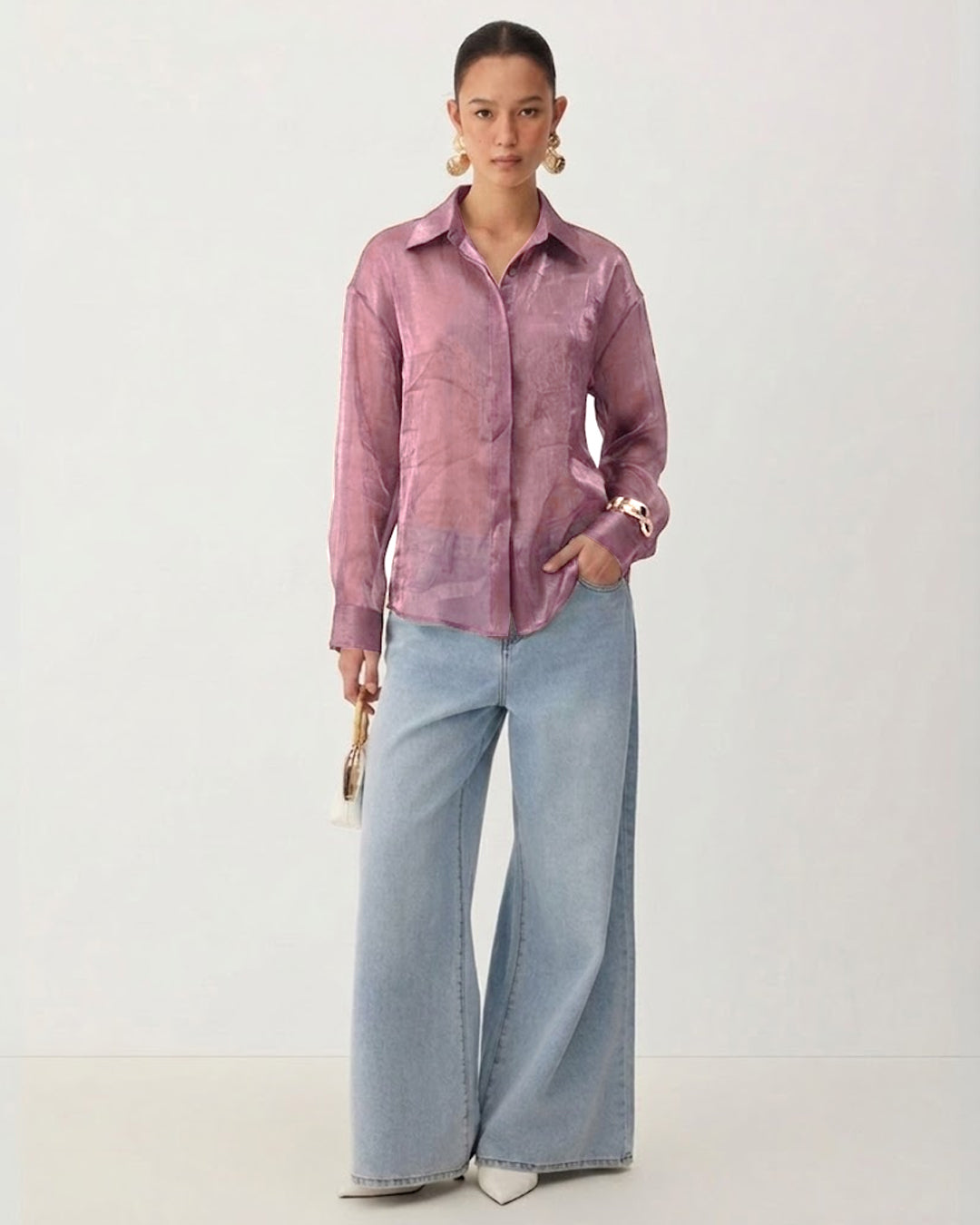 Sheer Crinkle Button Front Shirt in Lilac