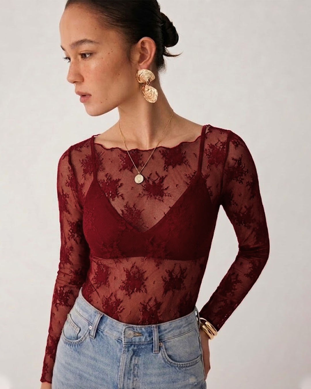 Sheer Round Neck Long Sleeve Top in Cherry Red