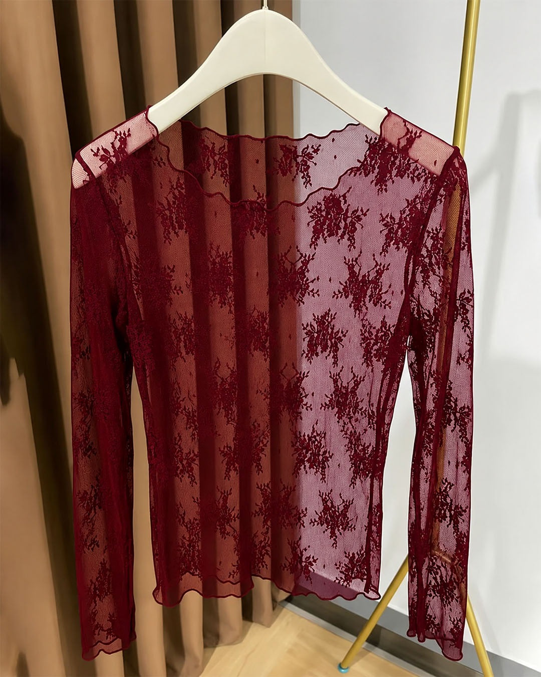 Sheer Round Neck Long Sleeve Top in Cherry Red