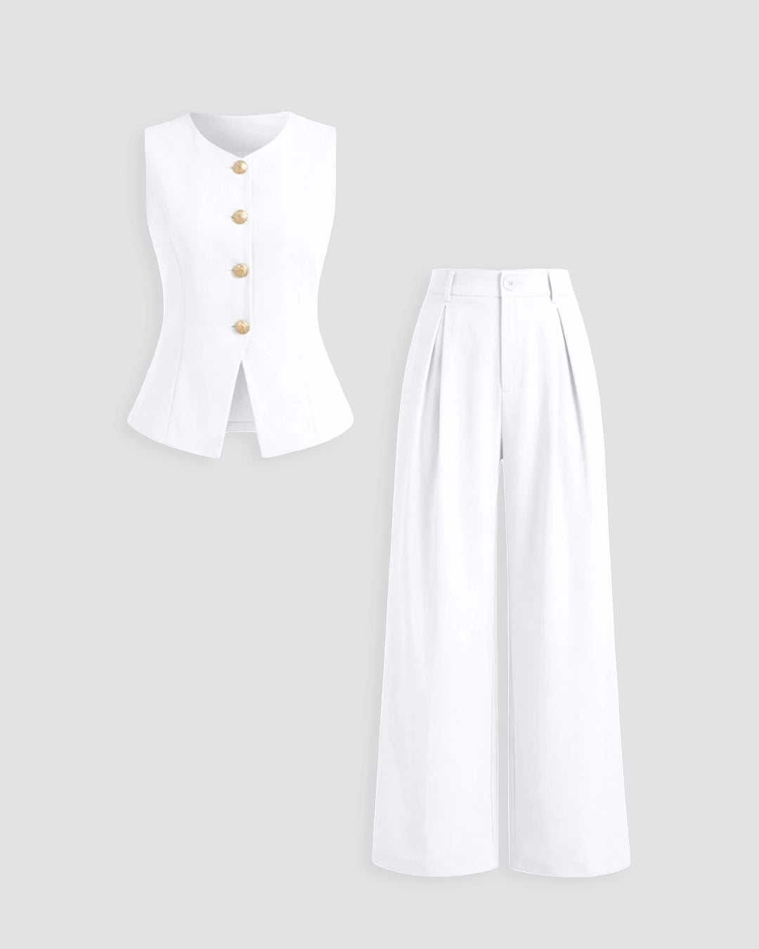 Sleeveless Golden Buttons Top And Flowy Wide-Leg Pants Set in Classic White