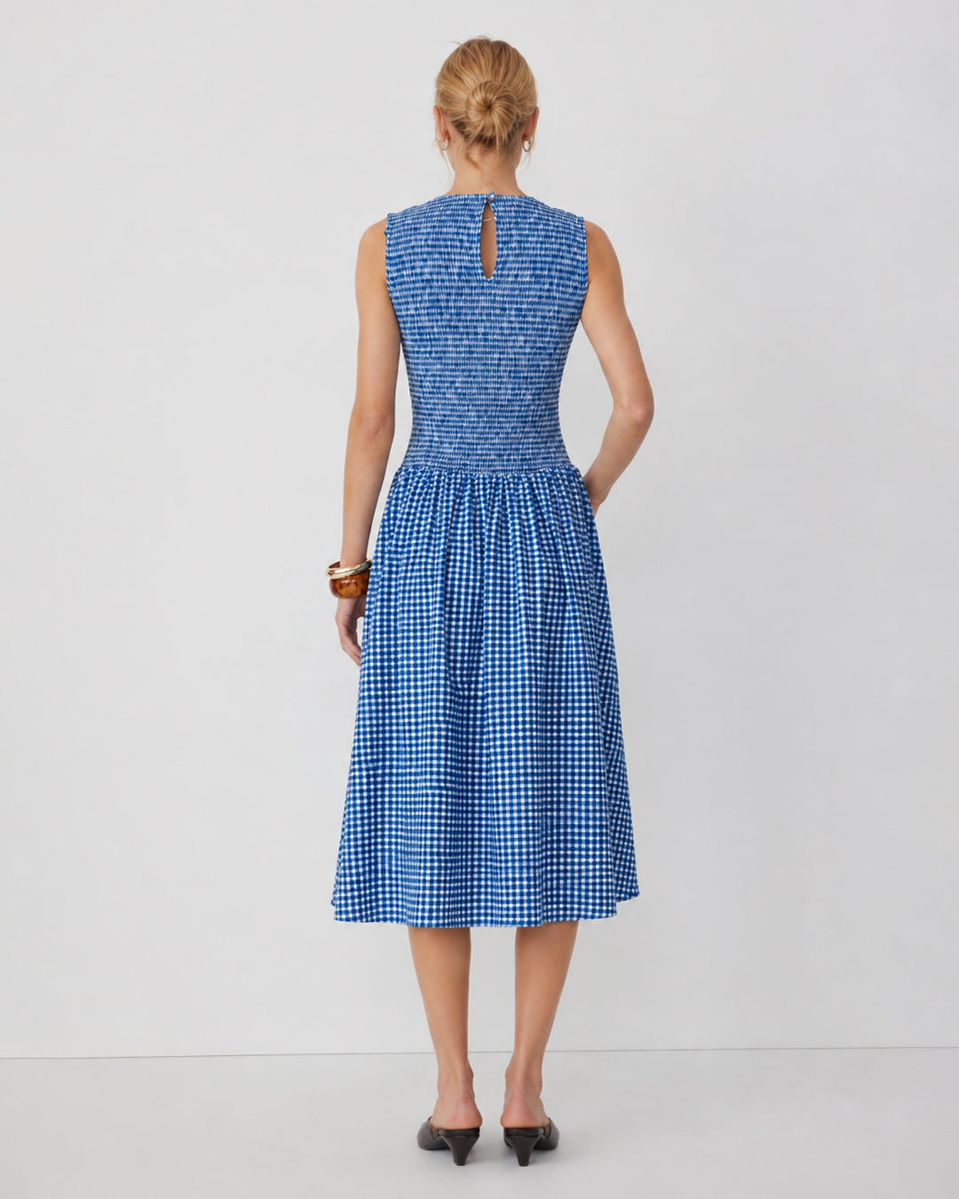Sleeveless Smocked Striped Midi Dress in Blue