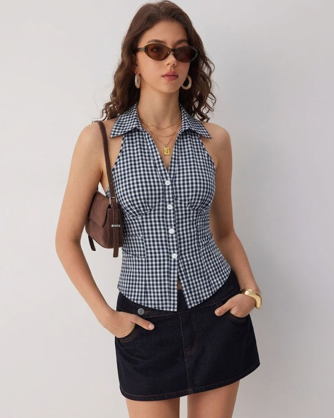 Checkered Collared Button Down Halter Top in Pageant Blue and Classic White