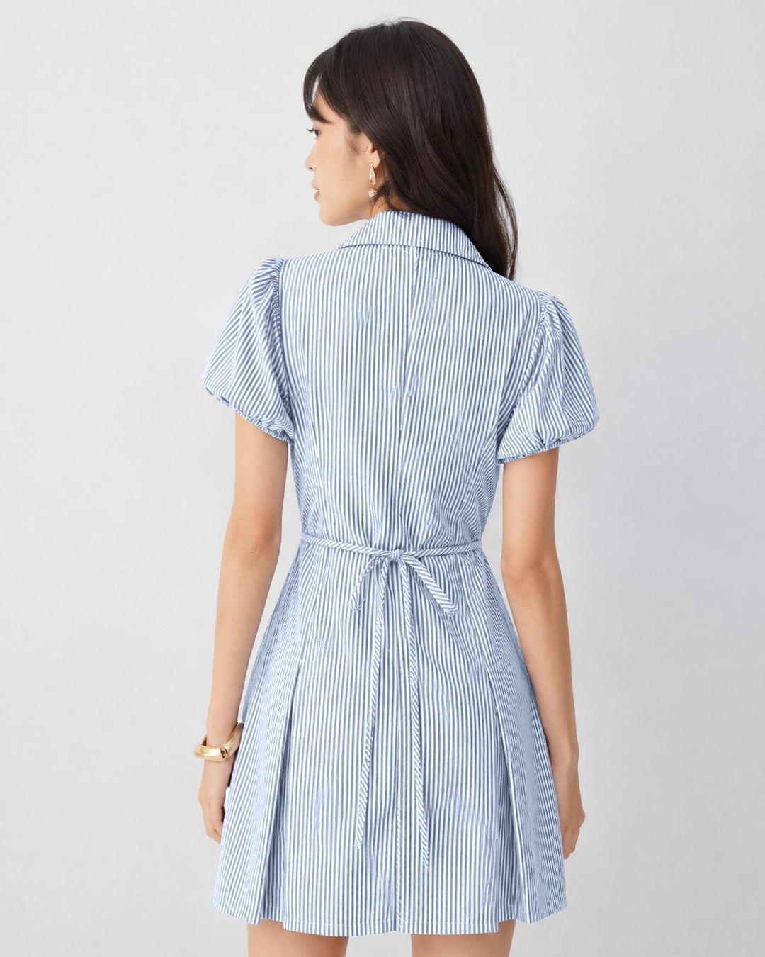 Striped Collared Puff Sleeve Button Down Mini Dress in Powder Blue
