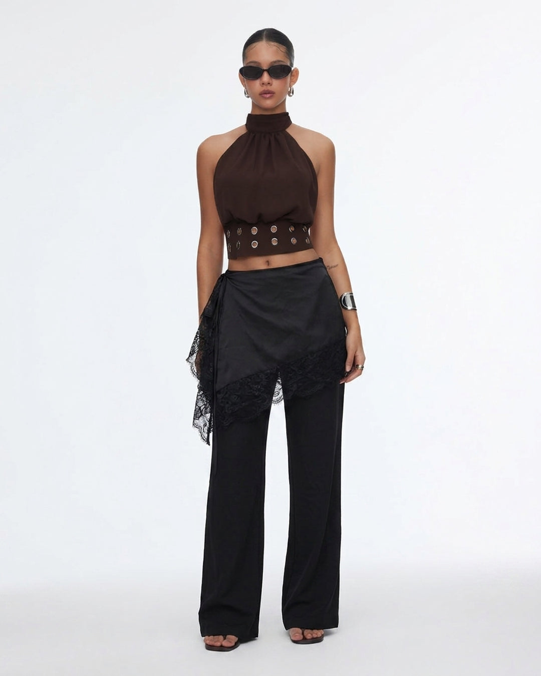 High Waist overlay Wide Leg Trousers in Classic Black