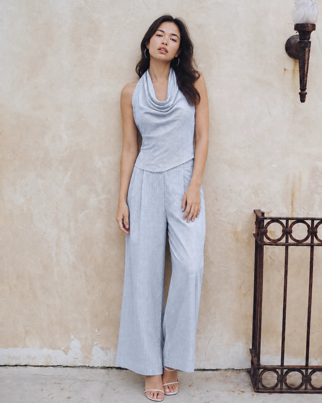 Halter Neck Striped Wide Leg Jumpsuit in Baby Blue