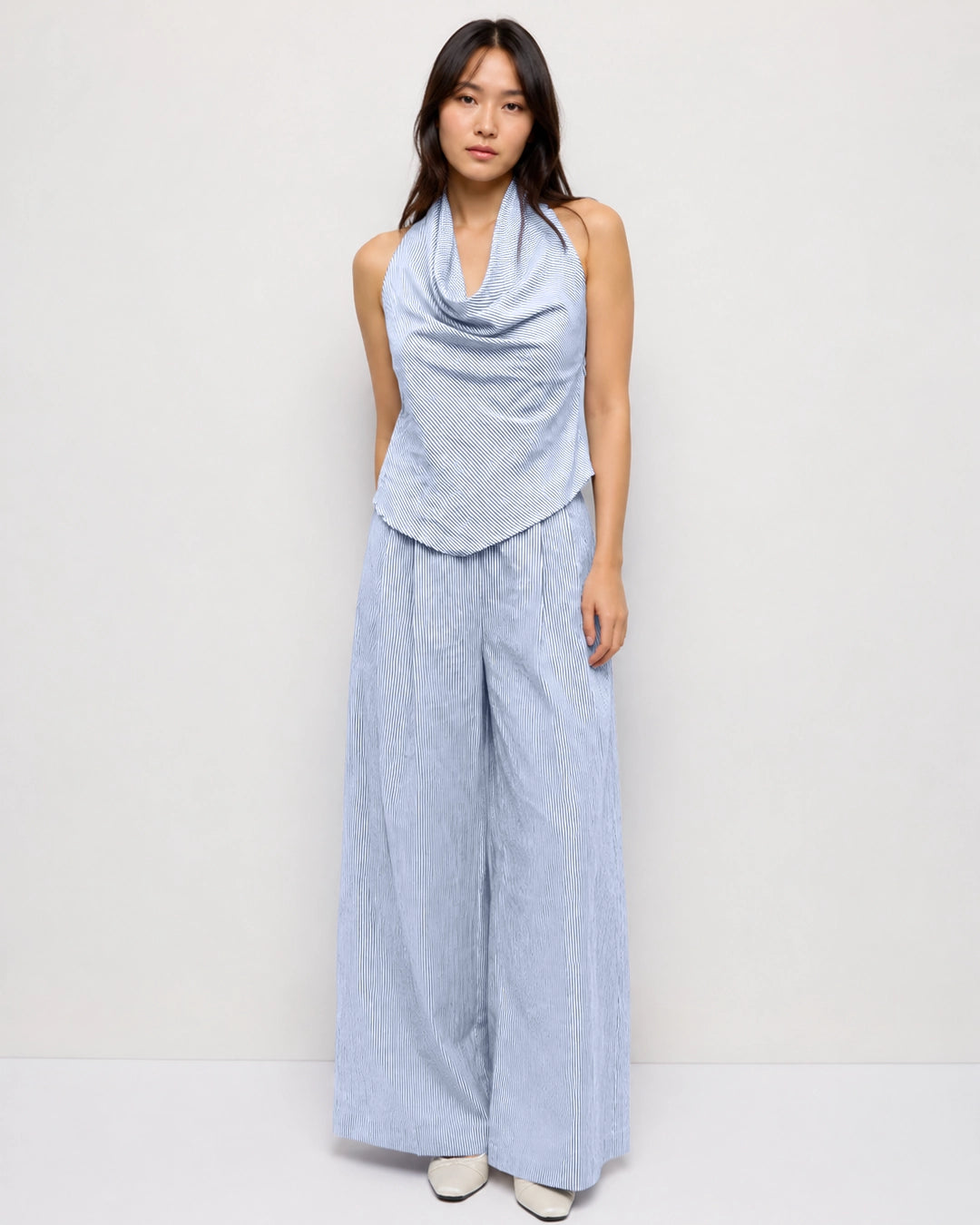 Halter Neck Striped Wide Leg Jumpsuit in Baby Blue
