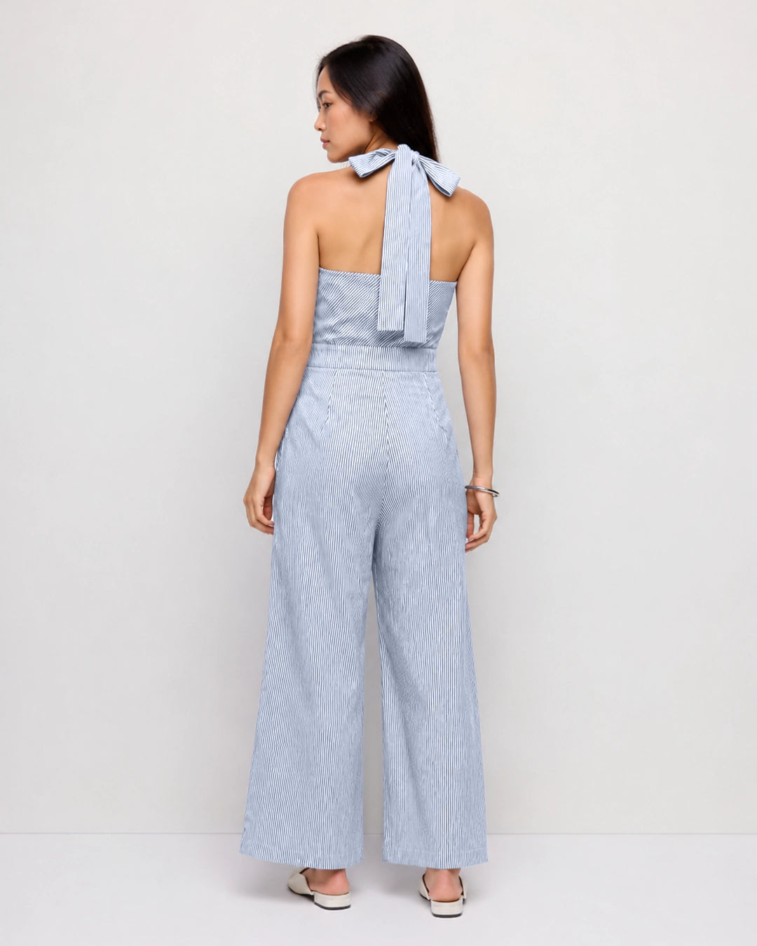Halter Neck Striped Wide Leg Jumpsuit in Baby Blue