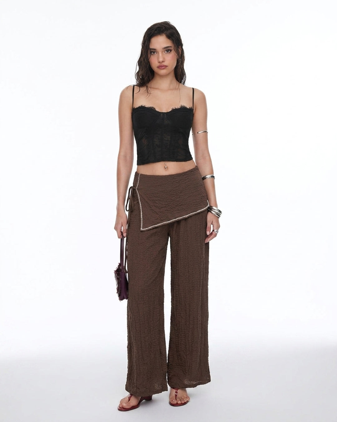 Asymmetric Overlay Wide Leg Pants in Espresso Brown
