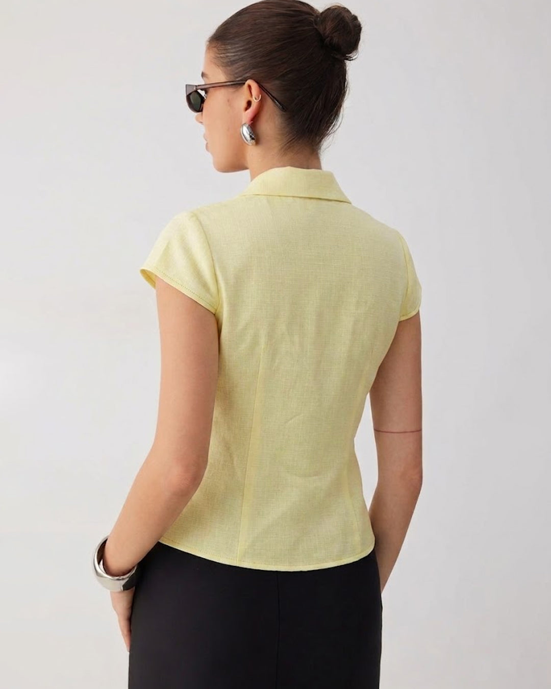 Ruffle Trim Collared Button Down Top in Vanilla