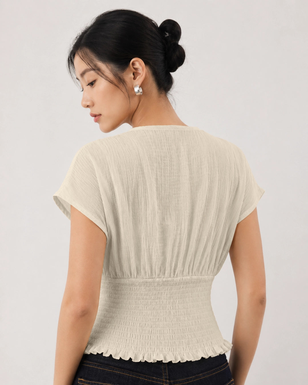 Boat Neck Shirred Waist Short Sleeve Top in Off White