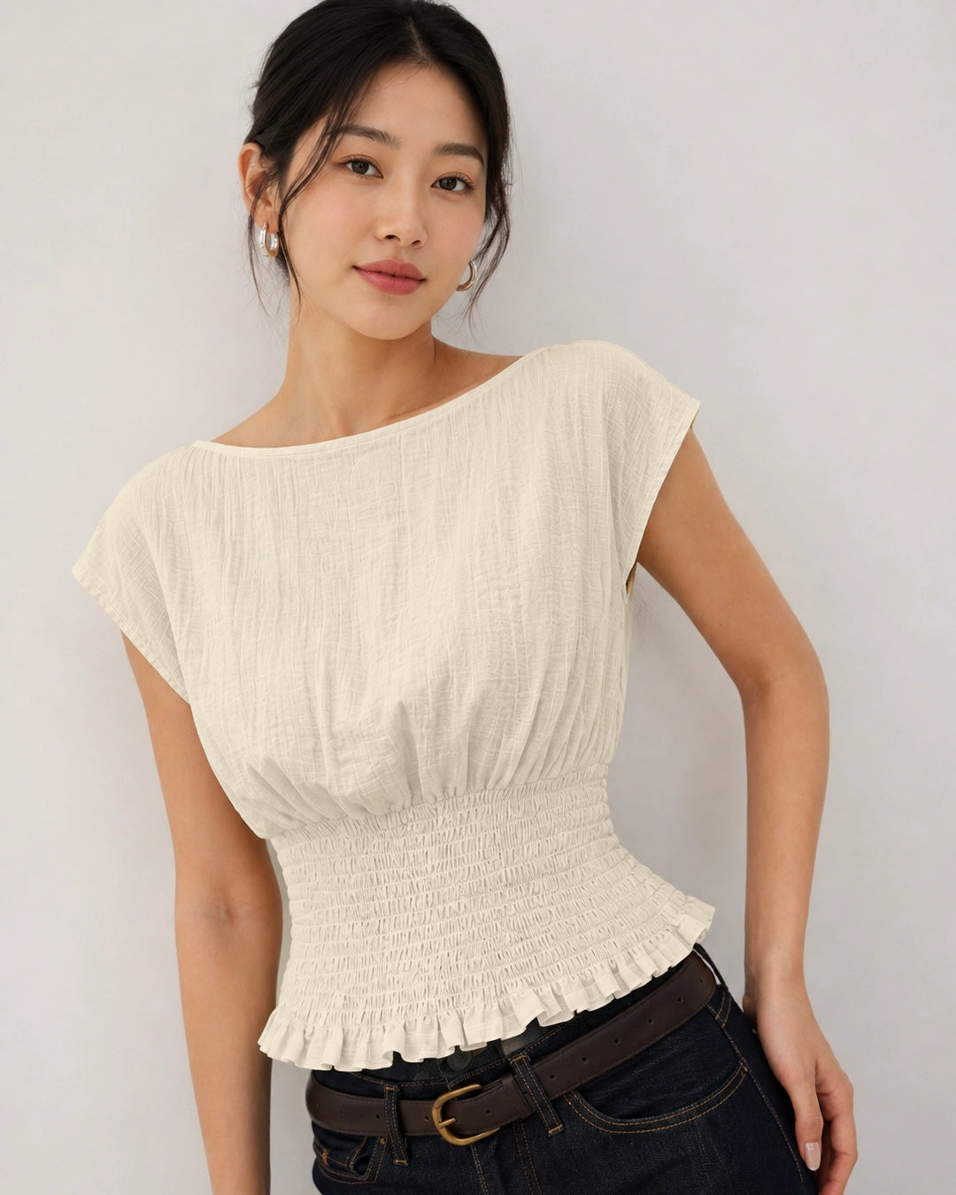 Boat Neck Shirred Waist Short Sleeve Top in Off White