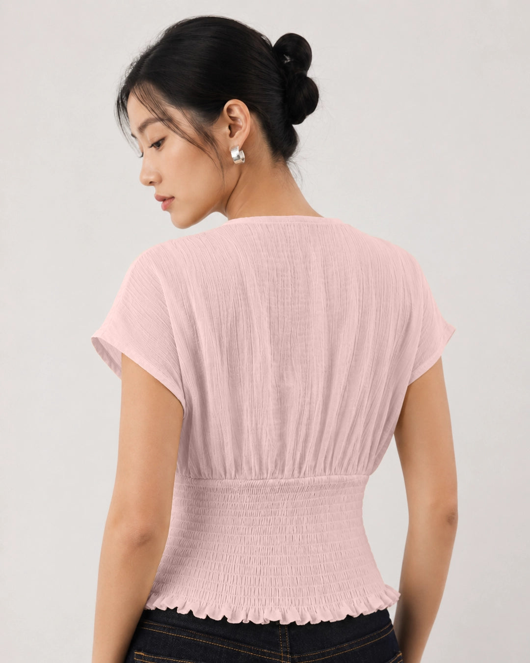 Boat Neck Shirred Waist Short Sleeve Top in Baby Pink