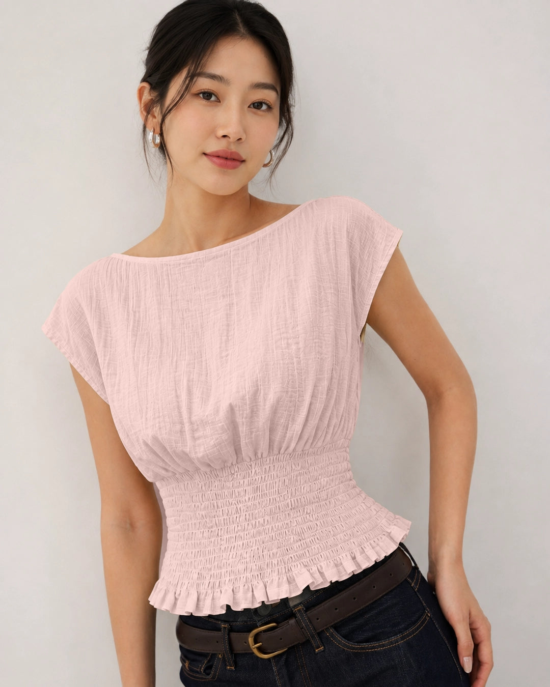 Boat Neck Shirred Waist Short Sleeve Top in Baby Pink
