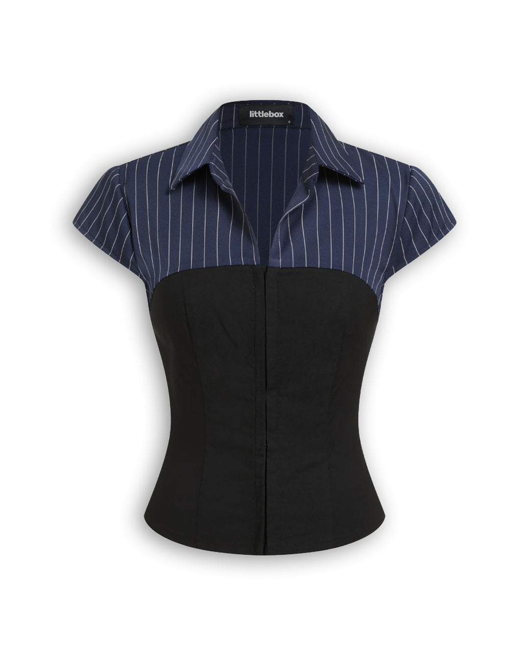 Contrast Stripe Collared Button Down Fitted Top in Classic Black and Navy Blue