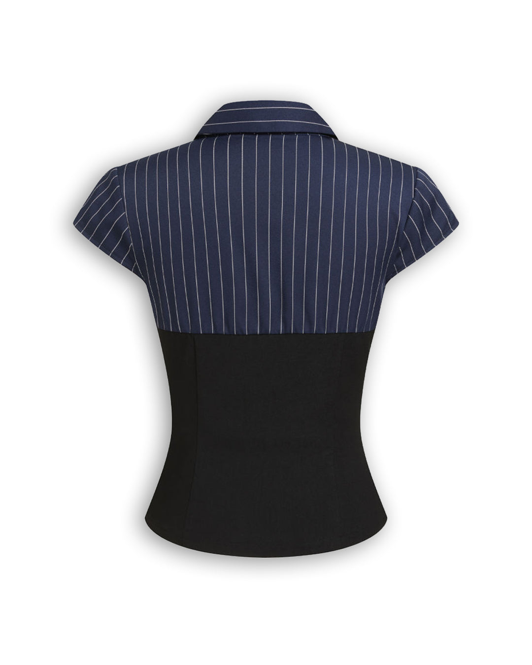 Contrast Stripe Collared Button Down Fitted Top in Classic Black and Navy Blue