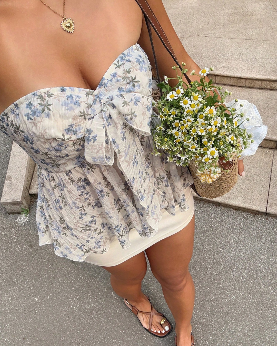 Floral Strapless Bow Detail Peplum Top in Off White and Powder Blue