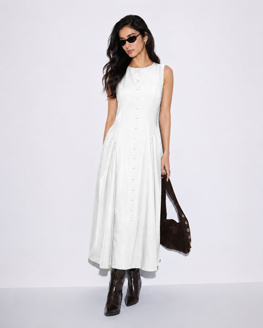 Button Front Sleeveless Fit and Flare Midi Dress in Classic White