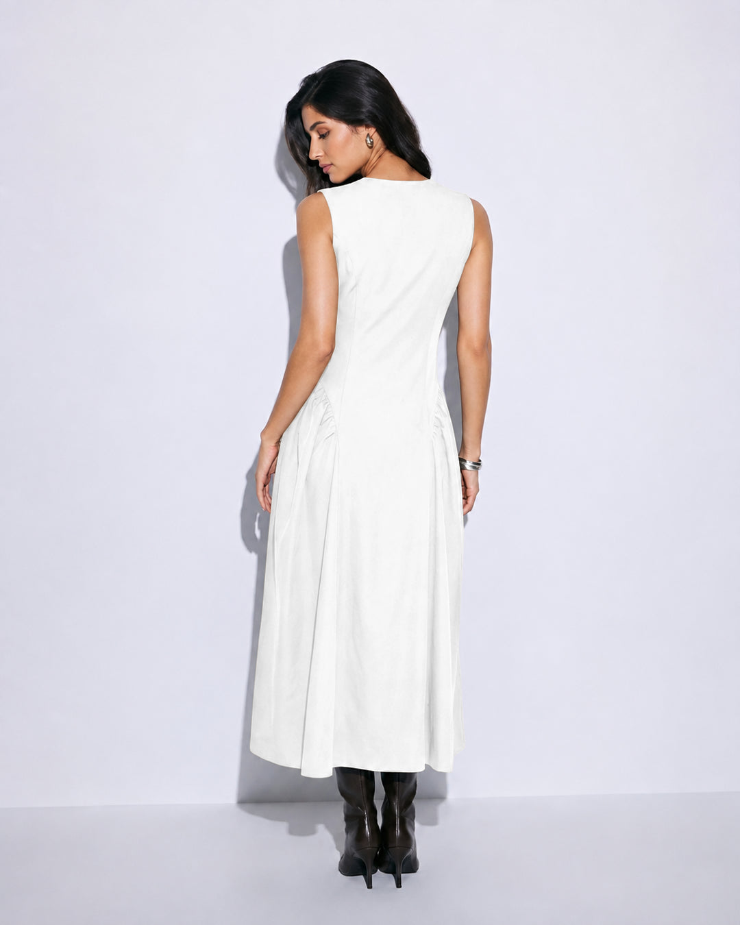 Button Front Sleeveless Fit and Flare Midi Dress in Classic White