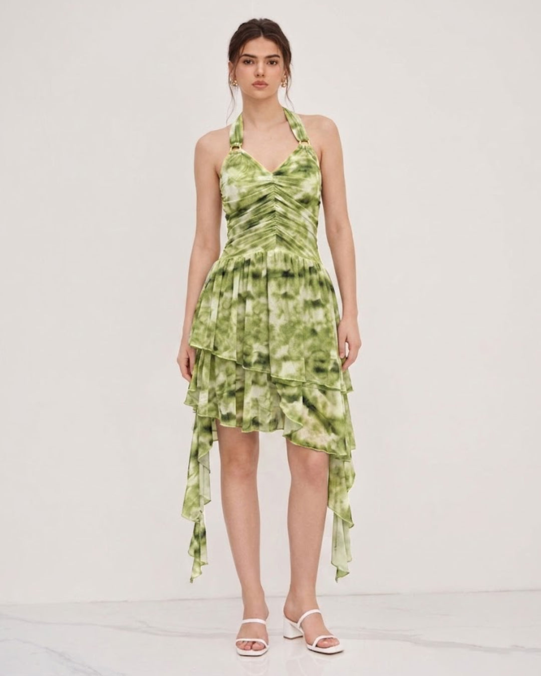 Ruched Halter Asymmetrical Dress in Olive Green