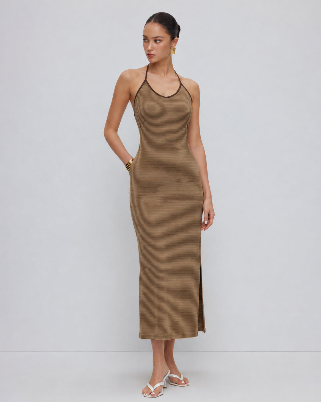 Striped Cut Out Halter Maxi Dress in Coffee Brown