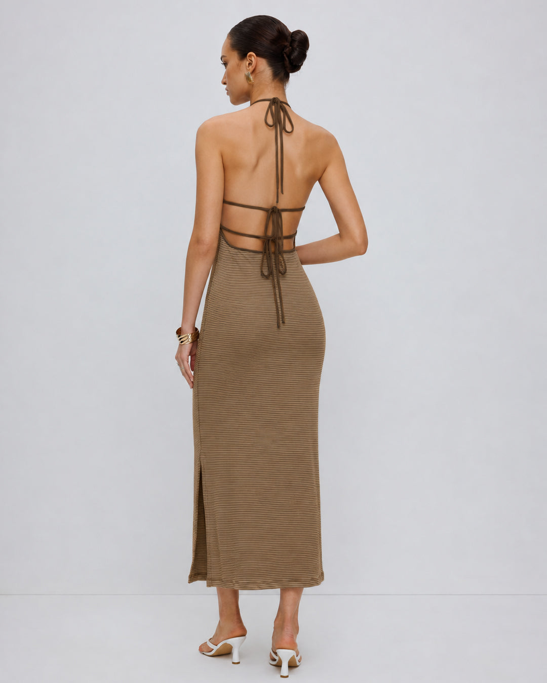 Striped Cut Out Halter Maxi Dress in Coffee Brown