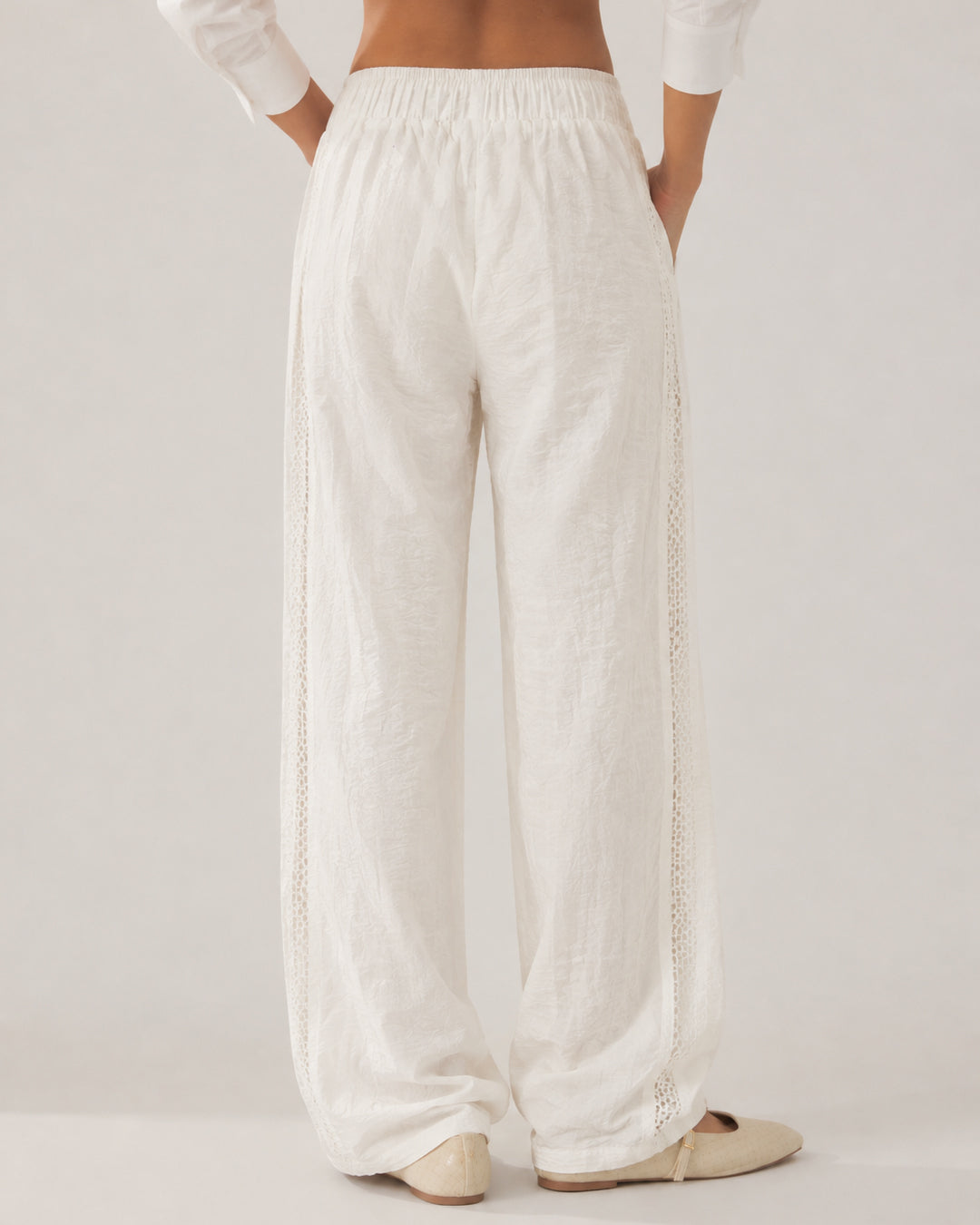 Relaxed Fit Lace Detail Wide Leg Pants in Jet White